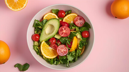 Fresh Fruit And Vegetable Salad In A White Bowl On Pink Background
