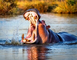 Fototapeta premium Yawning hippopotamus showing its tusks in an African river, water splashes