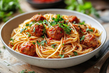 Spaghetti with meatballs and tomato sauce on a white plate, garnished with parmesan cheese and fresh basil leaves.