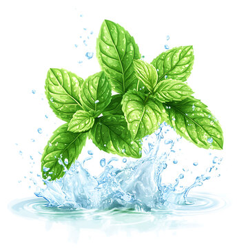 mint leaves splashing water watercolor clip art preview