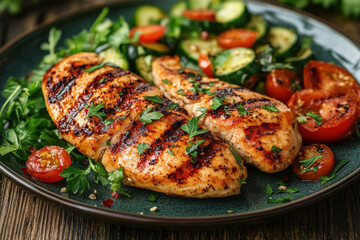 Grilled chicken breasts with tomatoes and cucumber on a white plate, garnished with parsley, fresh and colorful.
