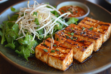 Plate of food featuring tofu and salad.