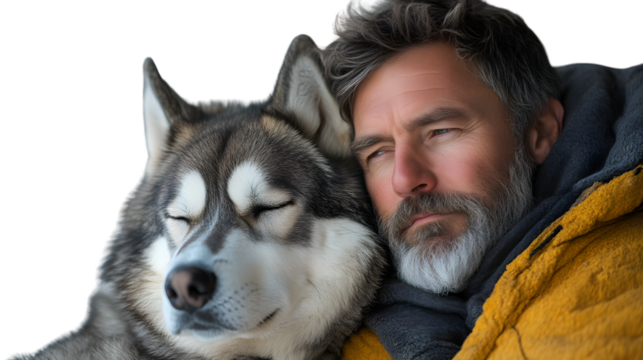 Closeup portrait of a man and his husky dog cuddling