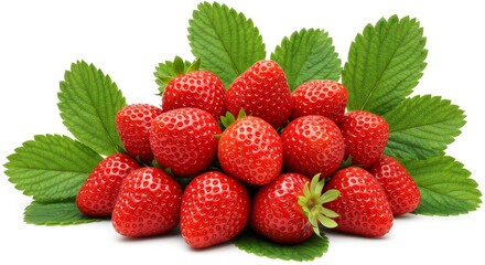 Fresh Strawberries with Green Leaves - Juicy red strawberries surrounded by vibrant green leaves, perfect for food blogs, websites, and recipes