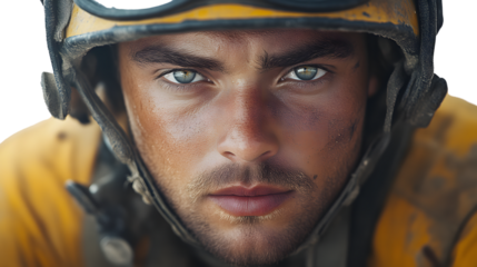 Closeup portrait of a man in a helmet intense gaze