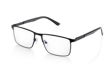 Reading glasses in a thin black frame, isolated on white background, unbranded, template for a designer