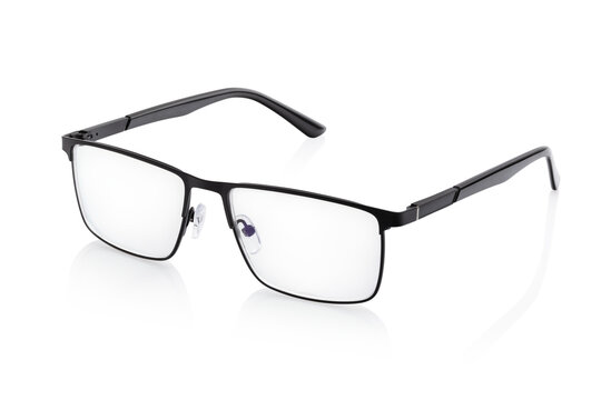 Reading glasses in a thin black frame, isolated on white background, unbranded, template for a designer