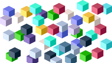 A vibrant arrangement of 3D cubes in various colors, scattered on a white background, creating a playful geometric pattern.