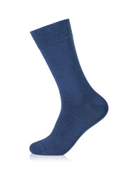 Blue sock on a mannequin isolated on white background, side view