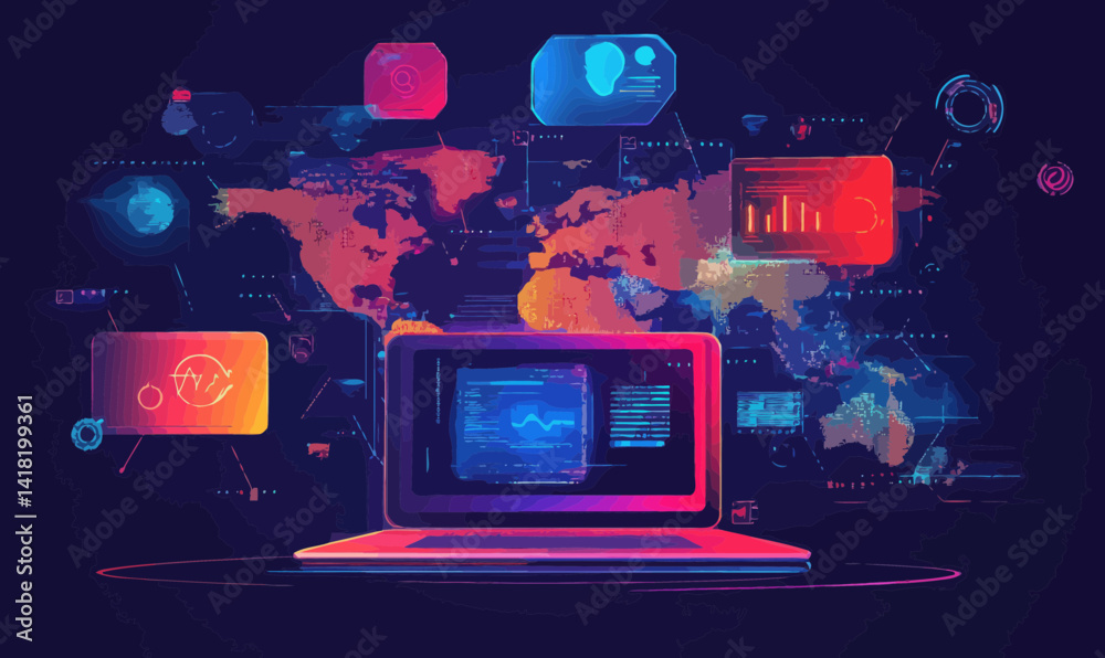 Wall mural futuristic laptop with digital network visualization and world map background for tech innovation