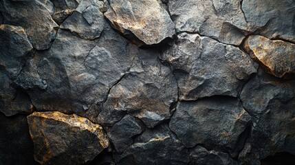 Rugged, fractured rock face textures in shades of dark gray and muted brown.
