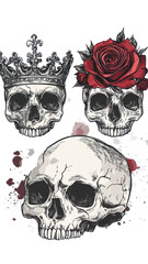 Vintage Monarch Skull with Crown and Roses in Trash Polka Tattoo Style Vector Art