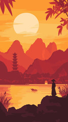 Fototapeta premium Vintage Vietnam Minimalist Vector Poster with Scenic Landscape and Pagoda