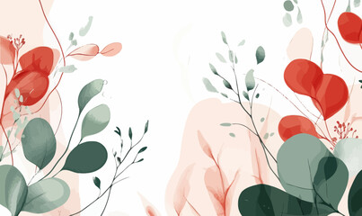 Botanical Line Art with Flowers and Eucalyptus in Red and Green Watercolor Vector