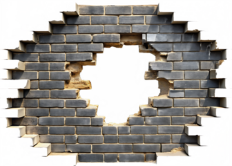 Broken gray brick wall with a hole isolated on white background