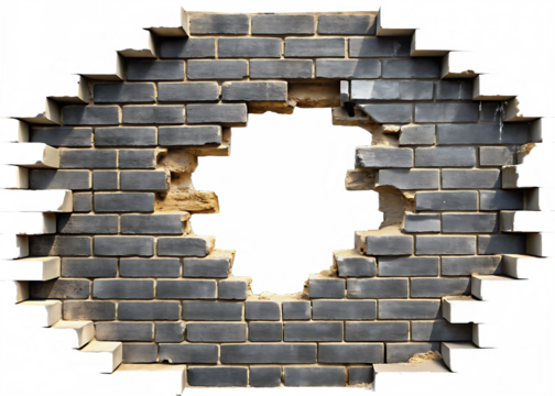 Broken gray brick wall with a hole isolated on white background