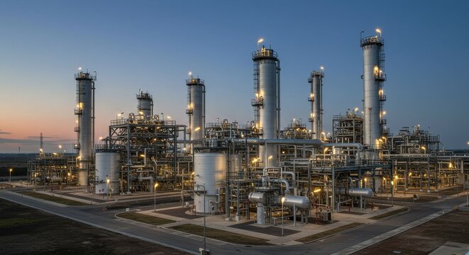 GTL Plant: Sustainable Fuel Production - Advanced natural gas to liquid (GTL) facility converting natural gas into cleaner diesel and jet fuel, symbolizing innovation, sustainability