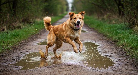 Happy Dog Jumping in Puddle - A golden-brown dog joyfully leaps through a puddle on a muddy trail, surrounded by lush greenery
