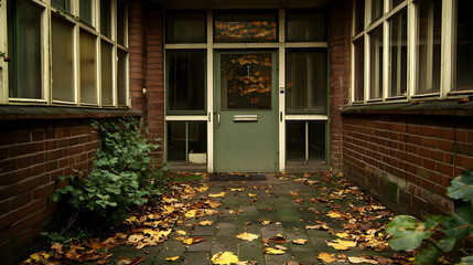 Autumnal Entranceway With Aged Brick Building