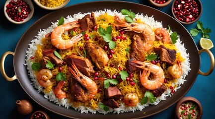 Fototapeta premium A vibrant dish featuring golden rice topped with shrimp, chicken, lamb, pomegranate seeds, and lemon slices, accompanied by side dishes and fresh coriander