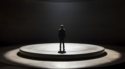 Silhouetted Figure in Spotlight: A solitary figure stands on a circular platform bathed in a single, dramatic spotlight, their form outlined against the stark darkness.