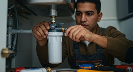 Installing a New Water Filter Under the Sink - A handyman installs a new water filter under a kitchen sink, ensuring clean and fresh water