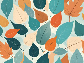 Fototapeta premium Autumn leaves drifting softly across light blue surface, capturing seasonal transition with gentle, vibrant color palette of falling foliage