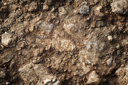 Close-up of textured dirt surface with scattered pebbles, bathed in warm sunlight.