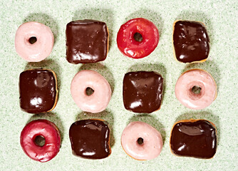 donuts, above, food, icing, chocolate, rasberry, round, square, green background