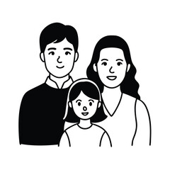 Smiling Family Portrait Illustration Father Mother And Daughter Line Art Simple Black And White Style