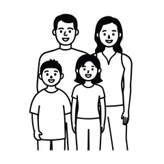 Happy Cartoon Family Portrait Illustration With Father Mother Son And Daughter Together Standing Black And White