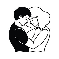 Minimalist Line Art Of Loving Couple Embracing Each Other Tenderly In Black And White Style Graphic