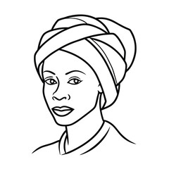 Black And White Line Art Portrait Of A Woman Wearing Traditional Headwrap,Elegant Minimalist Design
