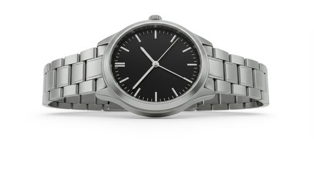 Men's Round Silver Watch with Black Face - Classic timepiece, silver bracelet, black dial, precise mechanism, minimalist design. Symbolizing elegance, precision, , timelessness, and masculinity