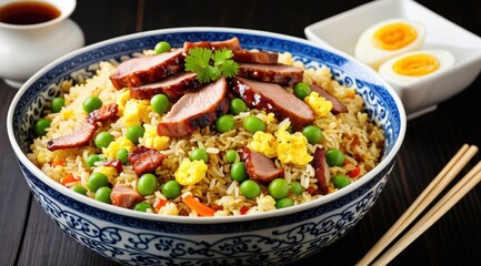 A vibrant dish of fried rice with sliced duck, green peas, and scrambled eggs in a decorative blue bowl, accompanied by chopsticks on a dark wooden table