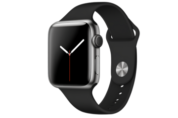 An Apple Watch with a black band and silver face on a transparent background
