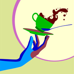 Woman's hand and flying Coffee cup with a splashed coffee or tee on colored background with circle shapes. Drawing in colorful modern flat style. Vector 
illustration