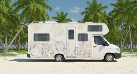 Naklejka premium Minimalist Camper Van Floral Beach Escape - A serene escape, symbolizing freedom, adventure, nature, relaxation, and tranquility. A floral-designed camper van parked on a sandy beach