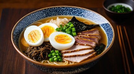 Bowl of ramen with sliced pork, soft-boiled eggs, scallions, and seaweed in rich broth, served with chopsticks on a wooden table