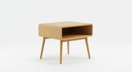 Fototapeta premium Modern Oak Side Table with Open Shelf - Stylish light oak wood side table, featuring a minimalist design and open shelf for storage. Perfect for bedrooms or living rooms