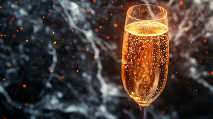 A glass of champagne with bubbles on a dark background.
