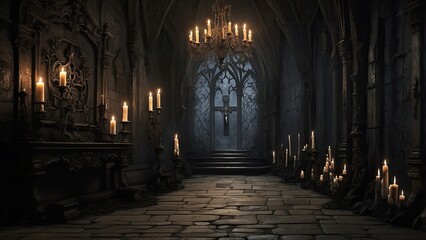 A dimly lit scene featuring a row of ten ornate candles in various heights, each encased in intricate, aged candlesticks