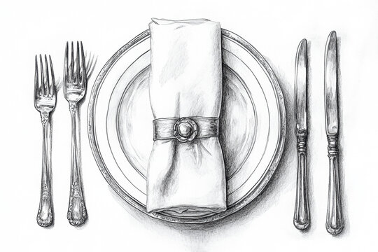 Drawing of a plate with a napkin and fork on a table, black and white minimalistic style.