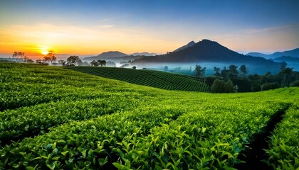 Fototapeta premium Sunrise over Lush Green Tea Plantation in Rolling Hills