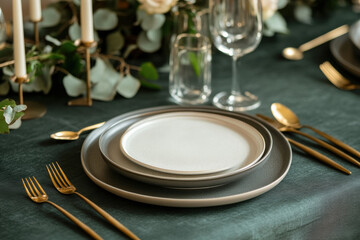Gold and green table setting with elegant dinnerware and shimmering cutlery, set against a backdrop of soft candlelight and delicate floral centerpieces.