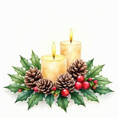 Watercolor Christmas centerpiece illustration with candles, pinecones, and holly berries on a clean white background.