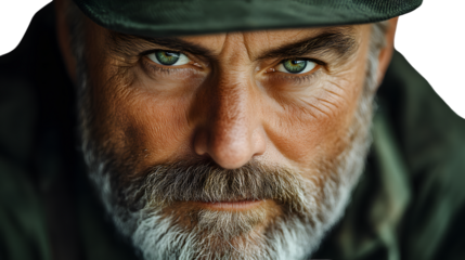 Closeup portrait of a mature man with a beard and intense gaze