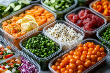 Colorful vegetables in plastic containers, neatly arranged.