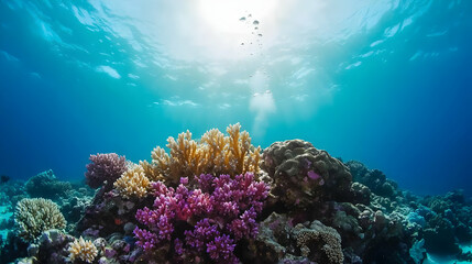 Naklejka premium Colorful Coral Reef Underwater Sunlight