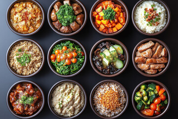 Bowls filled with diverse foods: sushi, pasta, salad, and soup, arranged on a wooden table at a vibrant food festival.